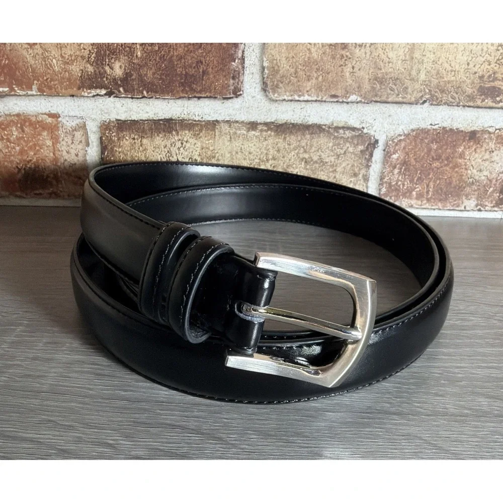 VTG Genuine Leather Black Dress Belt Silver Buckle Size 48 Made in China